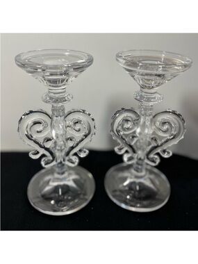 vintage Shannon Crystal candlestick holders ornate heart-shaped scroll design